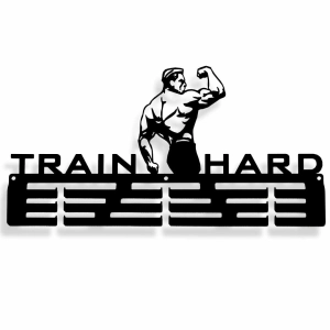 Wieszak na medale TRAIN HARD [M] 36x18cm - Metalowy ścienny wieszak dla kulturysty